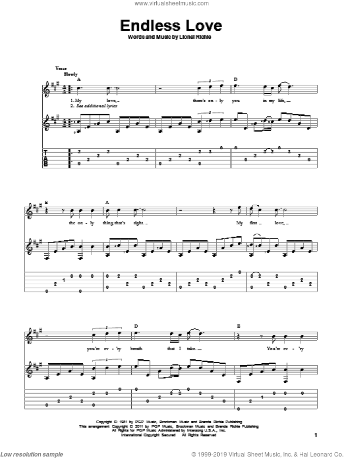 Endless Love sheet music for guitar solo by Lionel Richie & Diana Ross and Lionel Richie, wedding score, intermediate skill level