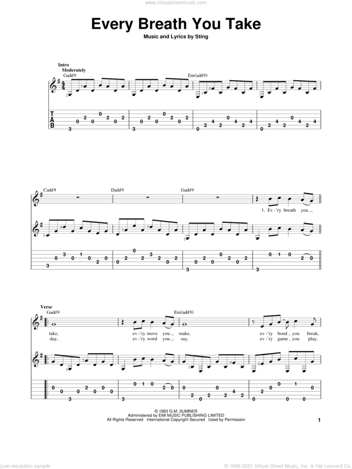 Every Breath You Take sheet music for guitar solo by The Police and Sting, intermediate skill level