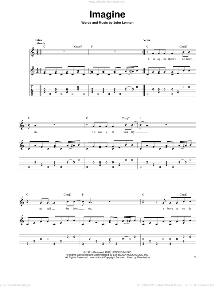 Imagine sheet music for guitar solo by John Lennon, intermediate skill level