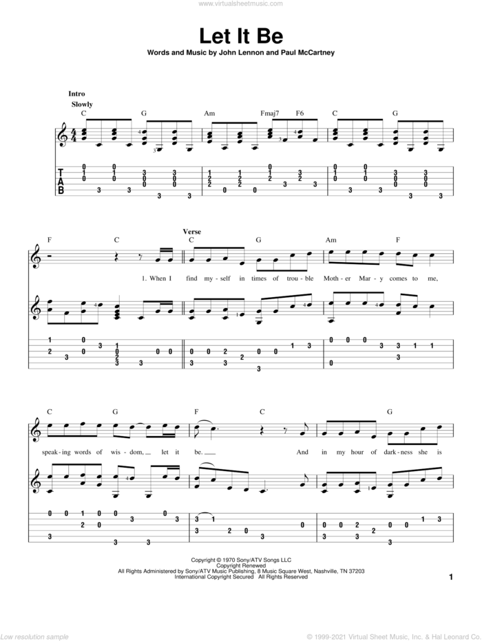 Let It Be sheet music for guitar solo by The Beatles, John Lennon and Paul McCartney, intermediate skill level