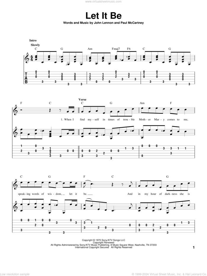 Let It Be sheet music for guitar solo by The Beatles, John Lennon and Paul McCartney, intermediate skill level