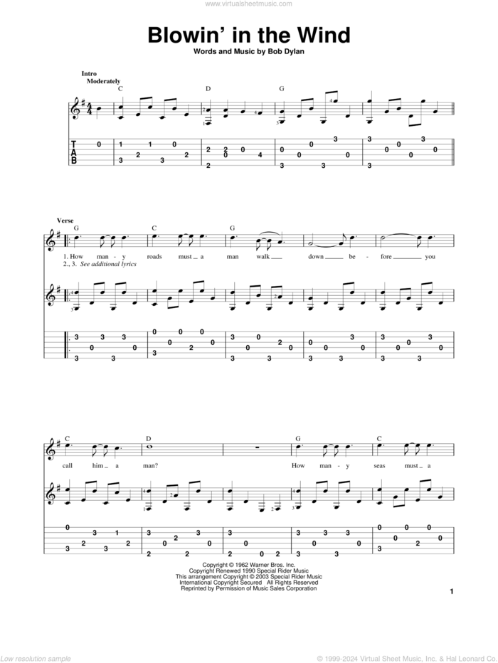 Blowin' In The Wind sheet music for guitar solo by Bob Dylan, Peter, Paul & Mary and Stevie Wonder, intermediate skill level