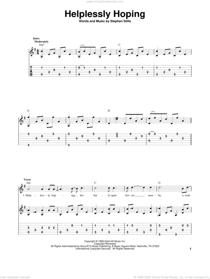 Helplessly Hoping sheet music for guitar solo by Crosby, Stills and Nash, Crosby, Stills & Nash and Stephen Stills, intermediate skill level