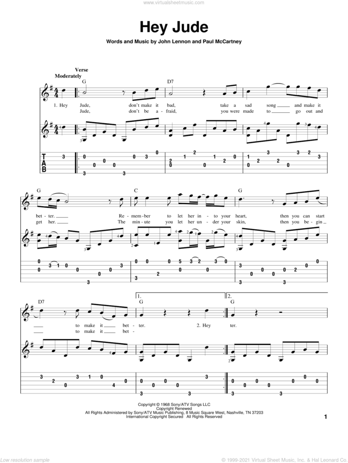 Hey Jude sheet music for guitar solo by The Beatles, John Lennon and Paul McCartney, intermediate skill level