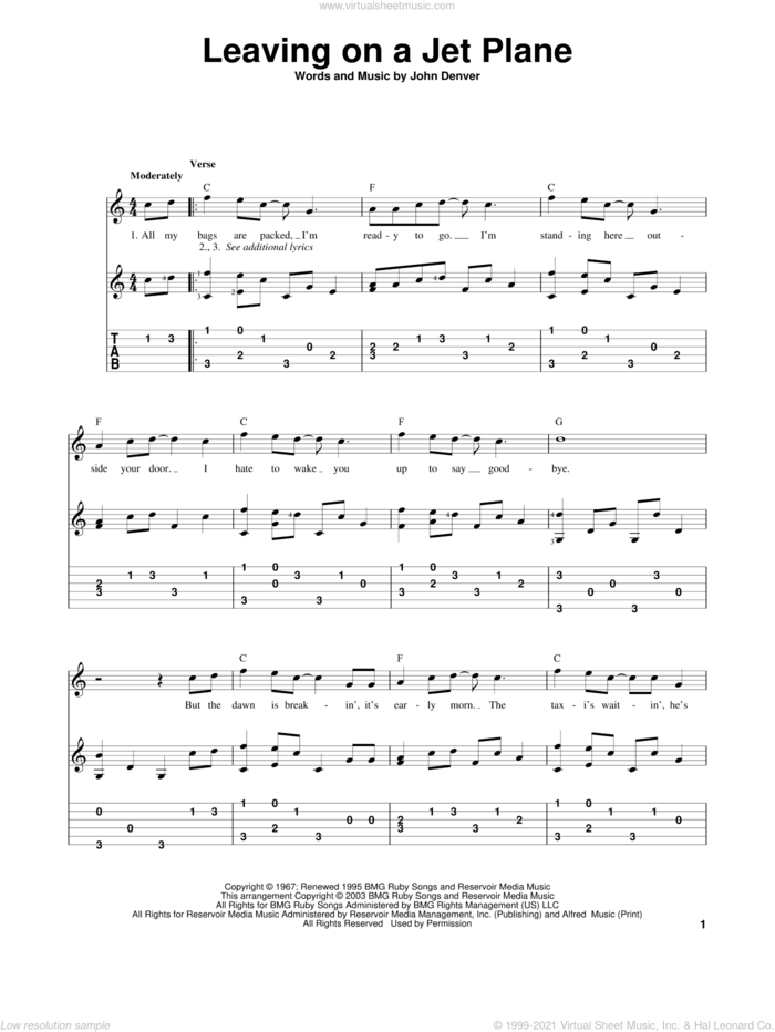 Leaving On A Jet Plane, (intermediate) sheet music for guitar solo by John Denver and Peter, Paul & Mary, intermediate skill level