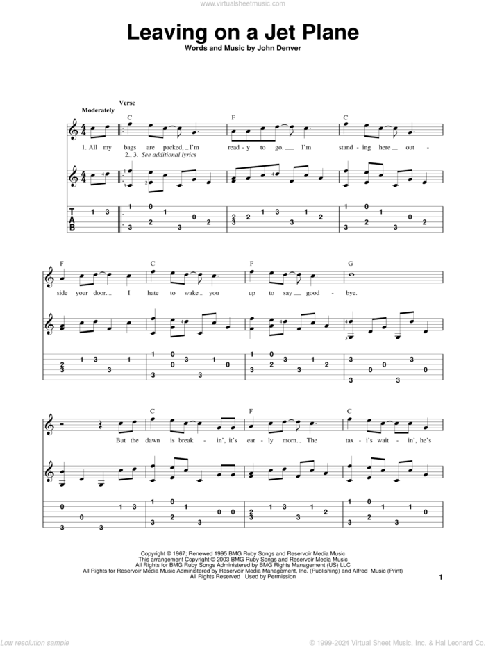 Leaving On A Jet Plane, (intermediate) sheet music for guitar solo by John Denver and Peter, Paul & Mary, intermediate skill level