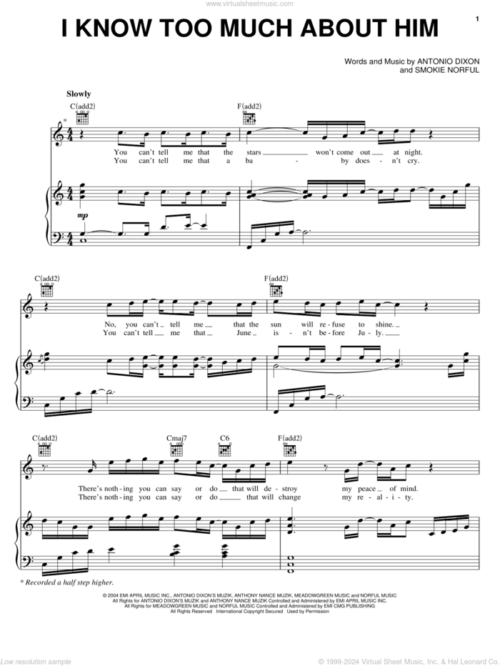 I Know Too Much About Him sheet music for voice, piano or guitar by Smokie Norful and Antonio Dixon, intermediate skill level