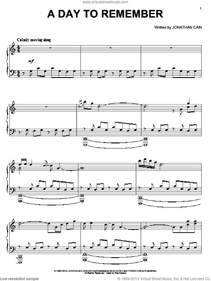 A Day To Remember sheet music for piano solo by Jonathan Cain, intermediate skill level