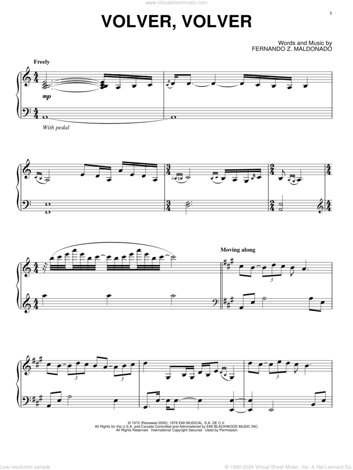 Volver, Volver sheet music for piano solo by Richard Clayderman and Fernando Z. Maldonado, intermediate skill level