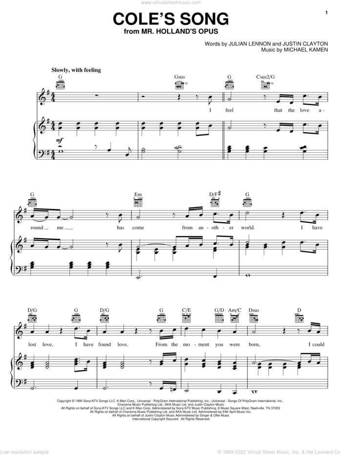 Cole's Song sheet music for voice, piano or guitar by Julian Lennon, Justin Clayton and Michael Kamen, intermediate skill level