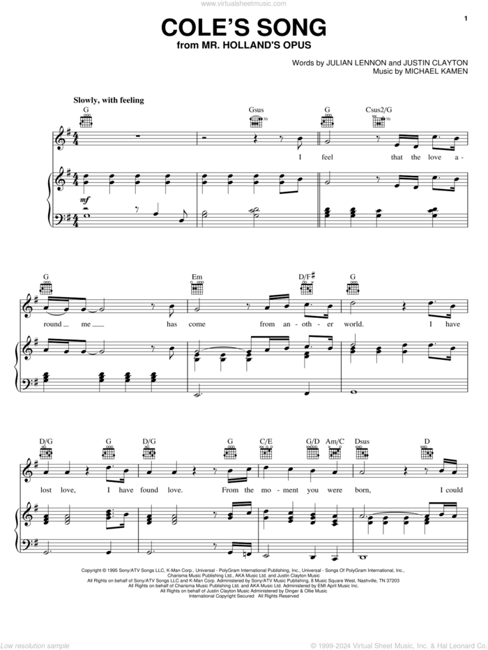 Cole's Song sheet music for voice, piano or guitar by Julian Lennon, Justin Clayton and Michael Kamen, intermediate skill level