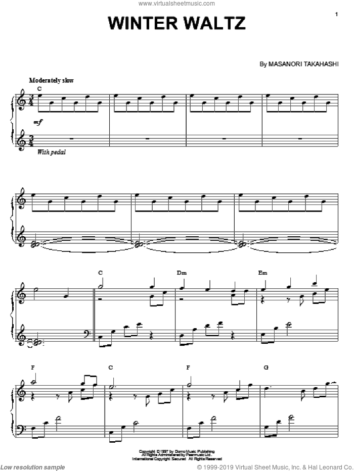 Winter Waltz sheet music for piano solo by Kitaro and Masanori Takahashi, intermediate skill level