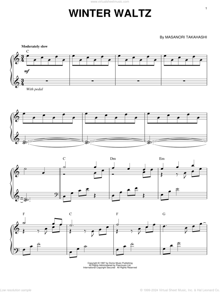 Winter Waltz sheet music for piano solo by Kitaro and Masanori Takahashi, intermediate skill level