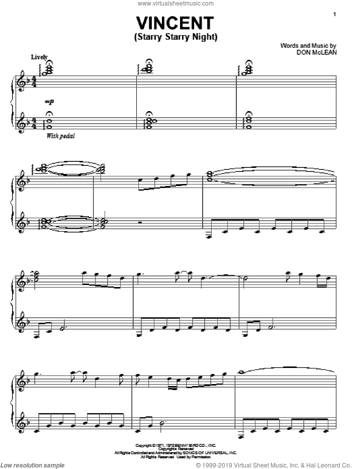 Vincent (Starry Starry Night) sheet music for piano solo by Lorie Line and Don McLean, intermediate skill level