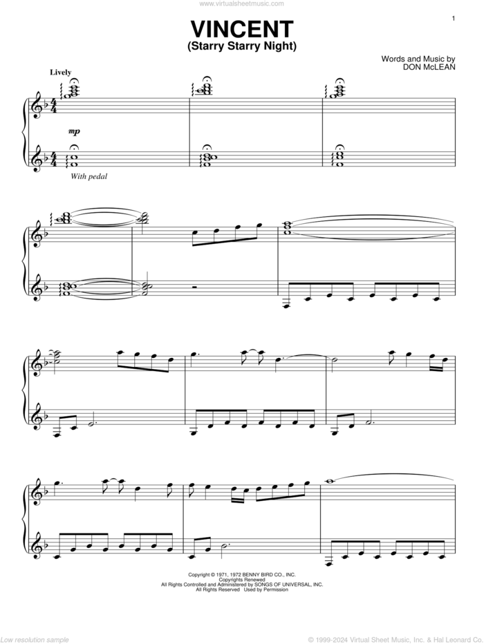 Vincent (Starry Starry Night) sheet music for piano solo by Lorie Line and Don McLean, intermediate skill level