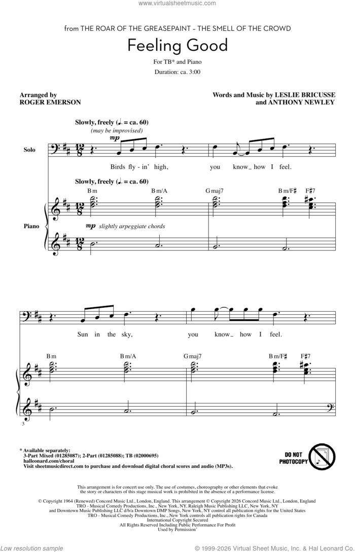 Feeling Good (arr. Roger Emerson) sheet music for choir (TB: tenor, bass) by Nina Simone, Roger Emerson, Anthony Newley and Leslie Bricusse, intermediate skill level