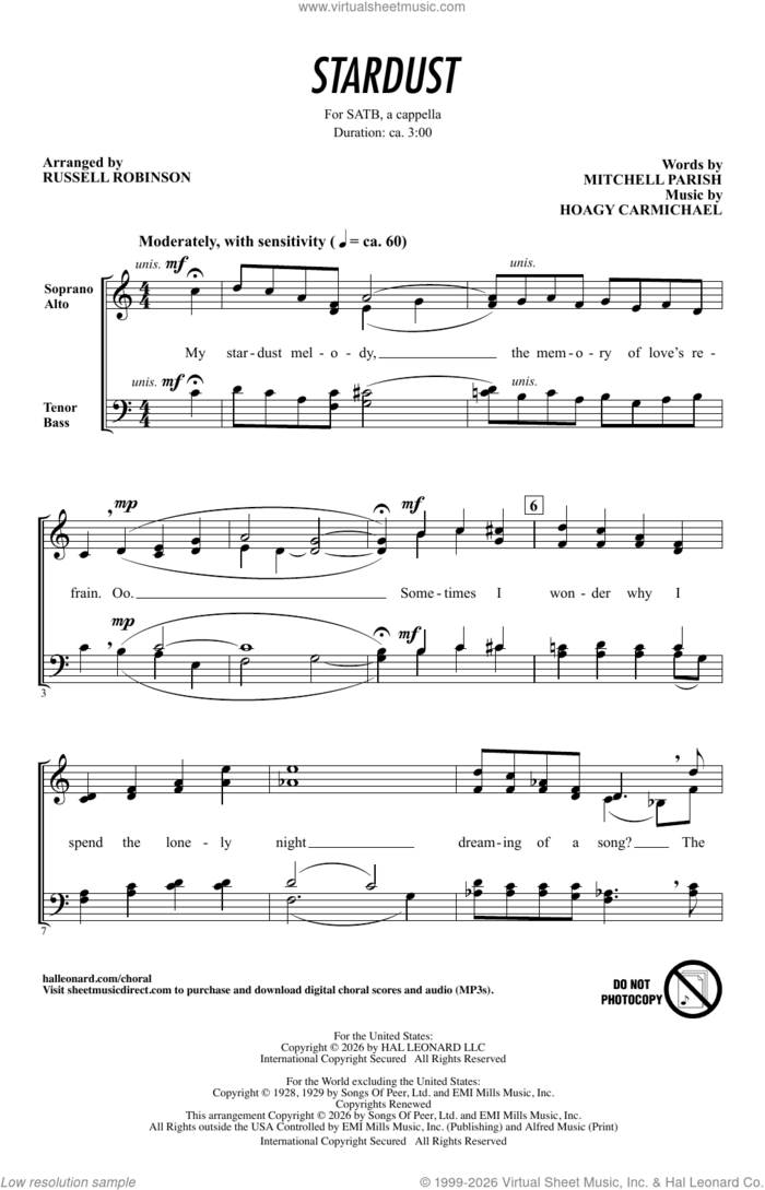 Stardust (arr. Russell Robinson) sheet music for choir (SATB: soprano, alto, tenor, bass) by Hoagy Carmichael, Russell Robinson and Mitchell Parish, intermediate skill level