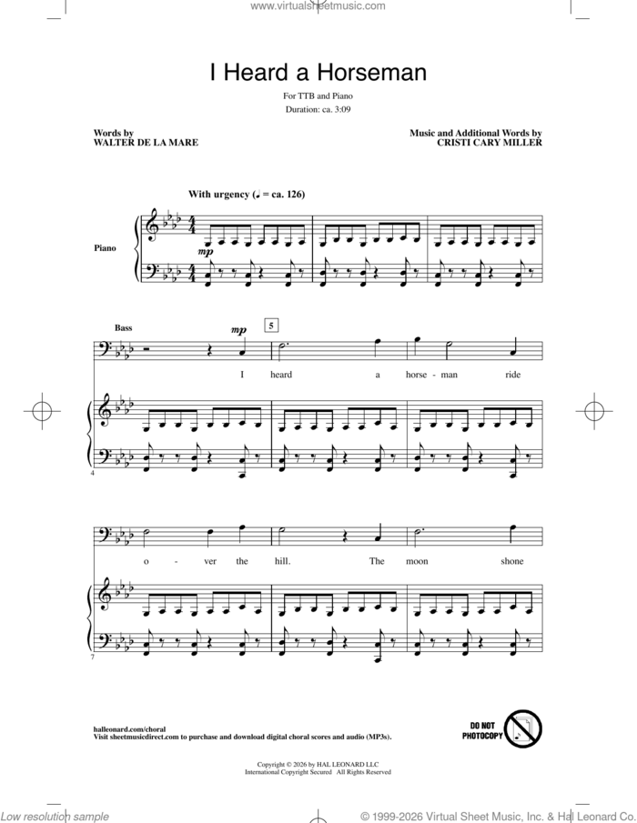 I Heard A Horseman sheet music for choir (TTBBB) by Cristi Cary Miller and Walter De La Mare, intermediate skill level