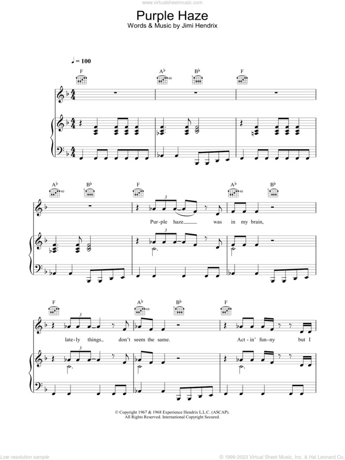 Purple Haze sheet music for voice, piano or guitar by Jimi Hendrix, intermediate skill level