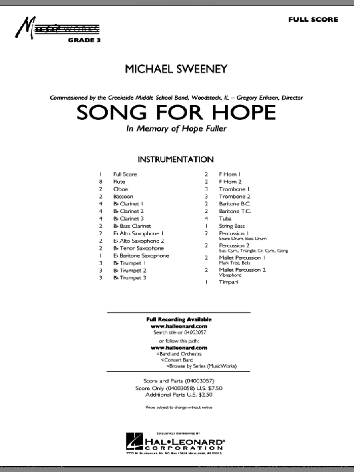 Song For Hope (COMPLETE) sheet music for concert band by Michael Sweeney, intermediate skill level