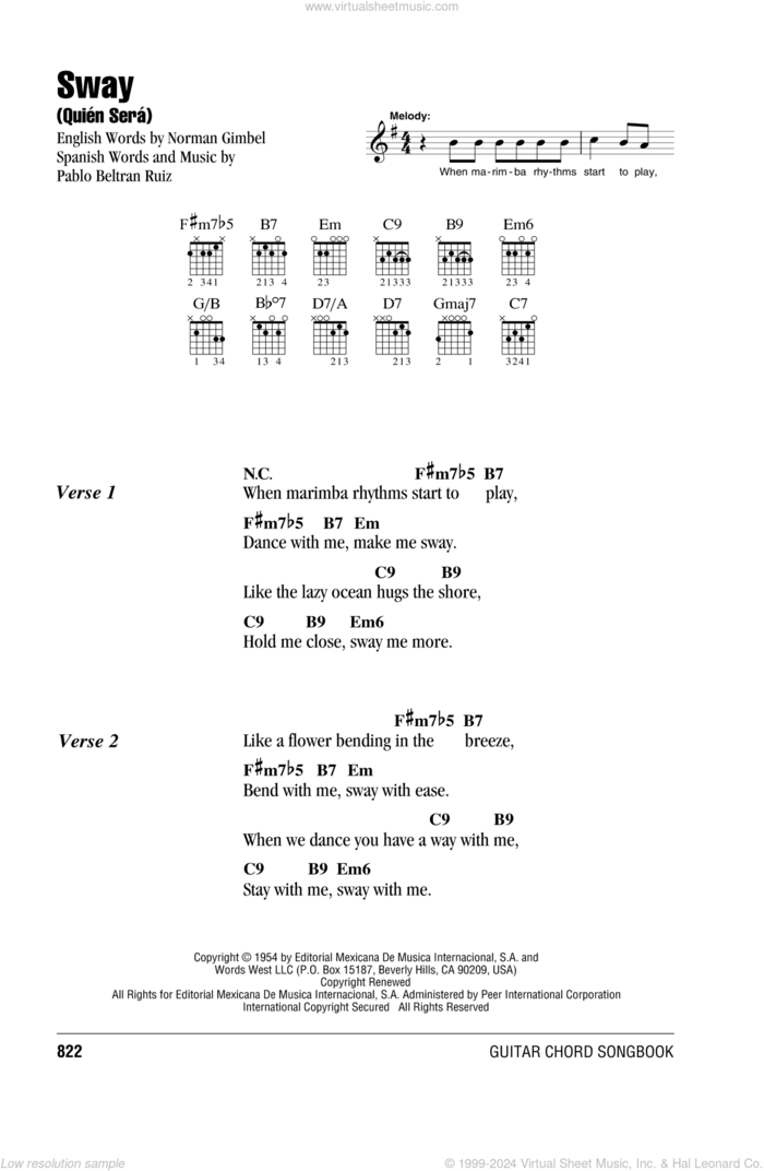 Sway (Quien Sera) sheet music for guitar (chords) by Dean Martin, Norman Gimbel and Pablo Beltran Ruiz, intermediate skill level