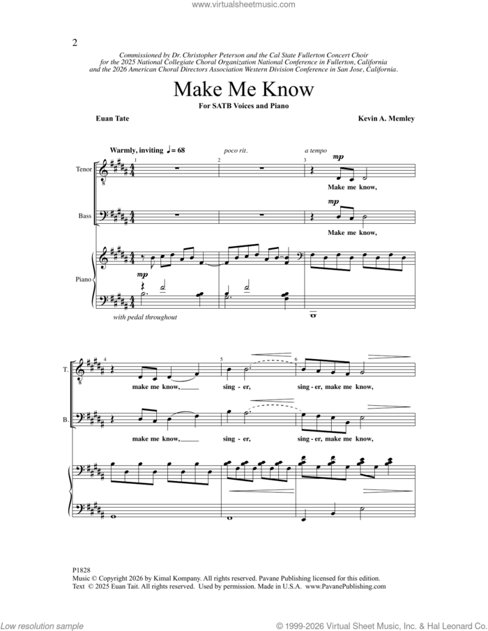 Make Me Know sheet music for choir (SATB: soprano, alto, tenor, bass) by Kevin A. Memley and Euan Tate, intermediate skill level