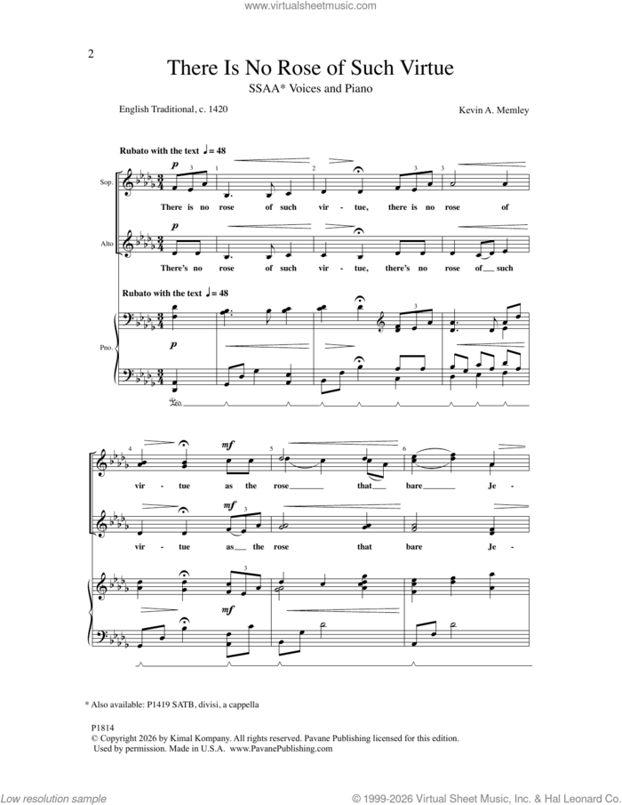 There Is No Rose of Such Virtue sheet music for choir (SSAA: soprano, alto) by Kevin A. Memley, intermediate skill level