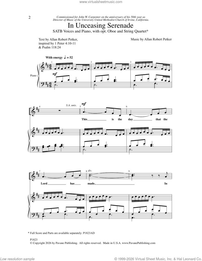 In Unceasing Serenade sheet music for choir (SATB: soprano, alto, tenor, bass) by Allan Robert Petker, intermediate skill level