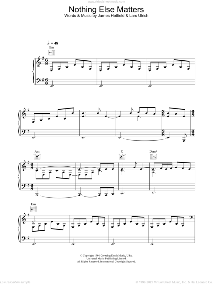 Nothing Else Matters sheet music for voice, piano or guitar by Lucie Silvas, Metallica, James Hetfield and Lars Ulrich, intermediate skill level