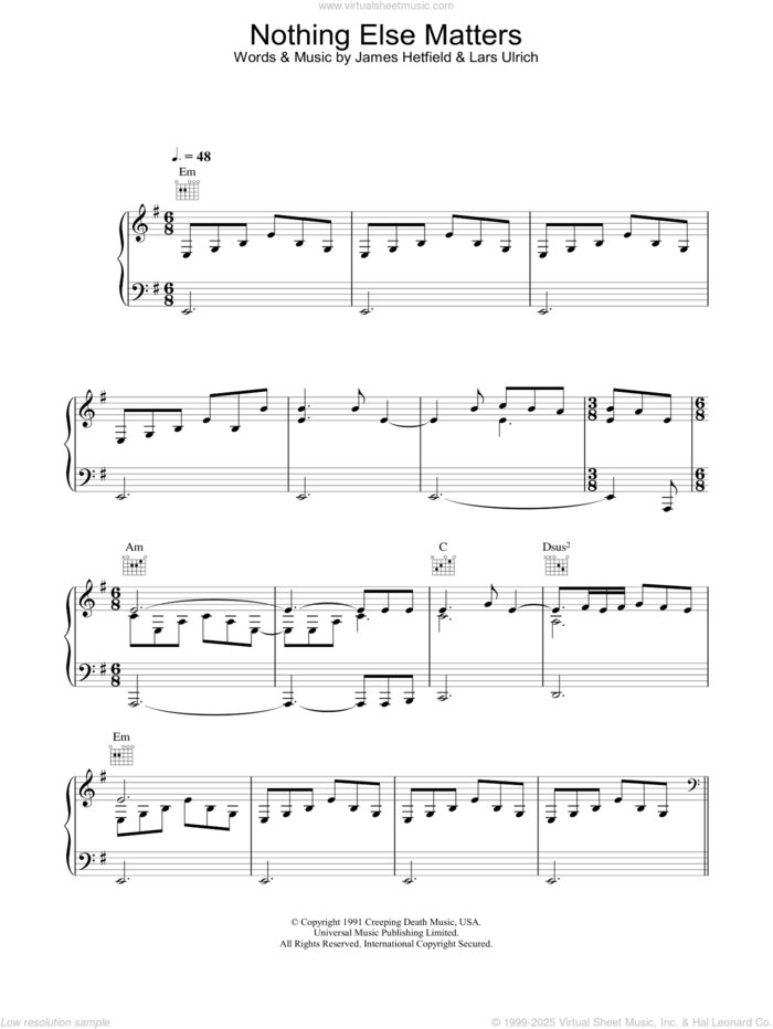 Nothing Else Matters sheet music for voice, piano or guitar by Lucie Silvas, Metallica, James Hetfield and Lars Ulrich, intermediate skill level