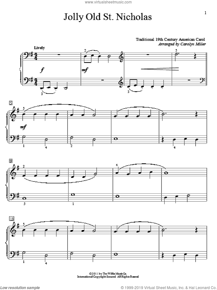 Jolly Old St. Nicholas sheet music for piano solo (elementary) by Anonymous, Carolyn Miller and Miscellaneous, beginner piano (elementary)