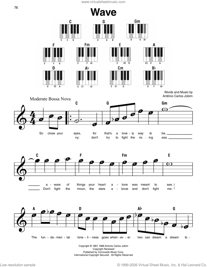 Wave sheet music for piano solo by Antônio Carlos Jobim, beginner skill level