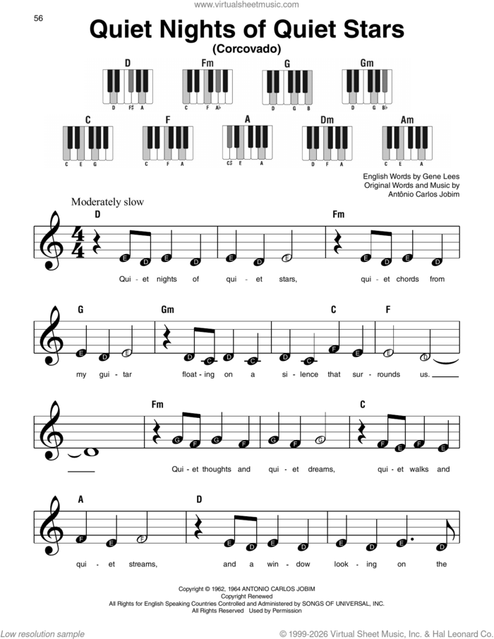 Quiet Nights Of Quiet Stars (Corcovado), (beginner) sheet music for piano solo by Andy Williams, AntA'nio Carlos Jobim and Eugene John Lees, beginner skill level