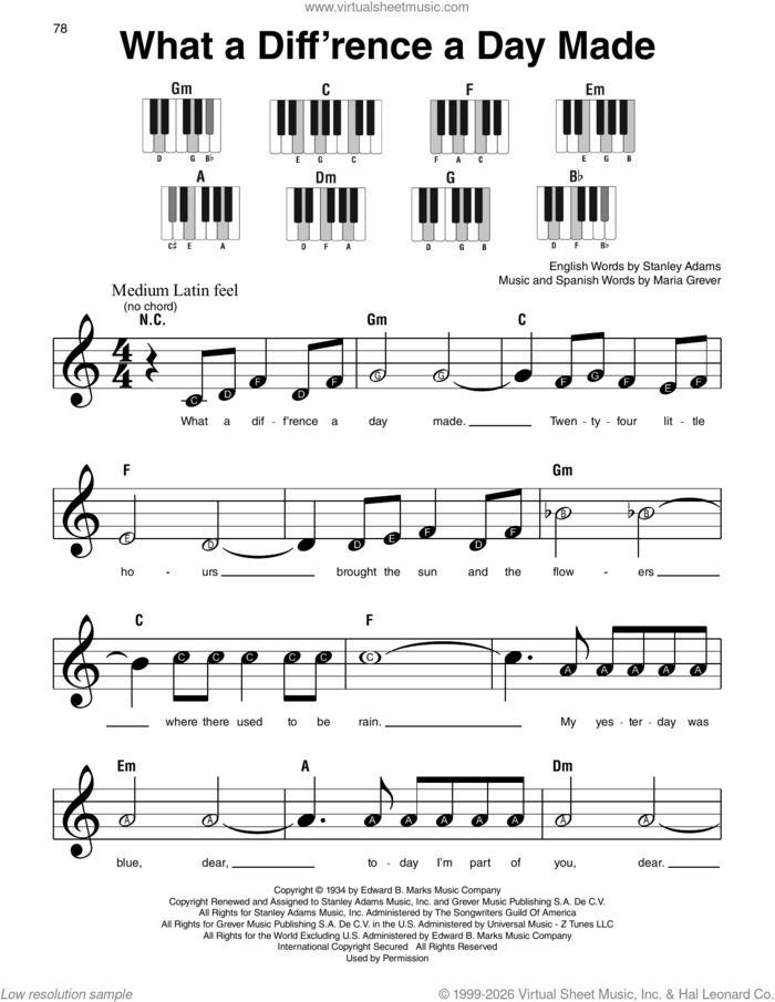 What A Diff'rence A Day Made sheet music for piano solo by Stanley Adams and Maria Grever, beginner skill level