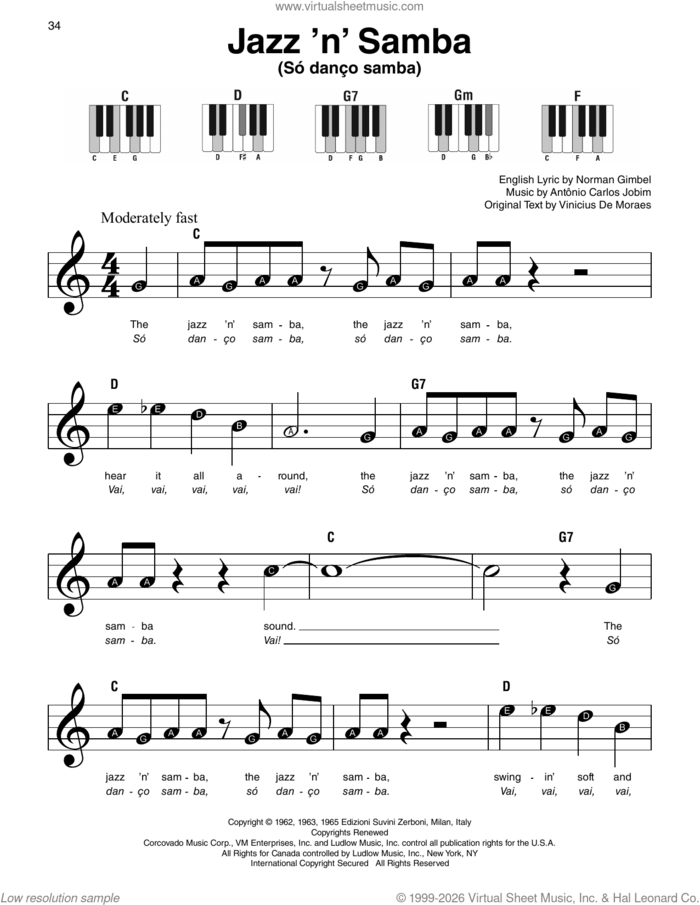 Jazz 'N' Samba (So Danco Samba) sheet music for piano solo by Vinícius De Moraes, AntA'nio Carlos Jobim and Norman Gimbel, beginner skill level