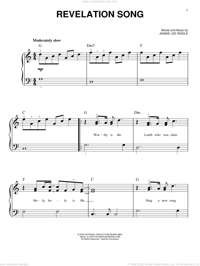 Revelation Song, (easy) sheet music for piano solo by Gateway Worship and Jennie Lee Riddle, easy skill level