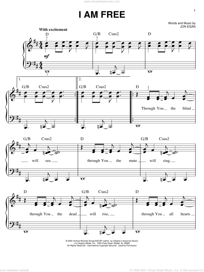 I Am Free sheet music for piano solo by Jon Egan and Newsboys, easy skill level