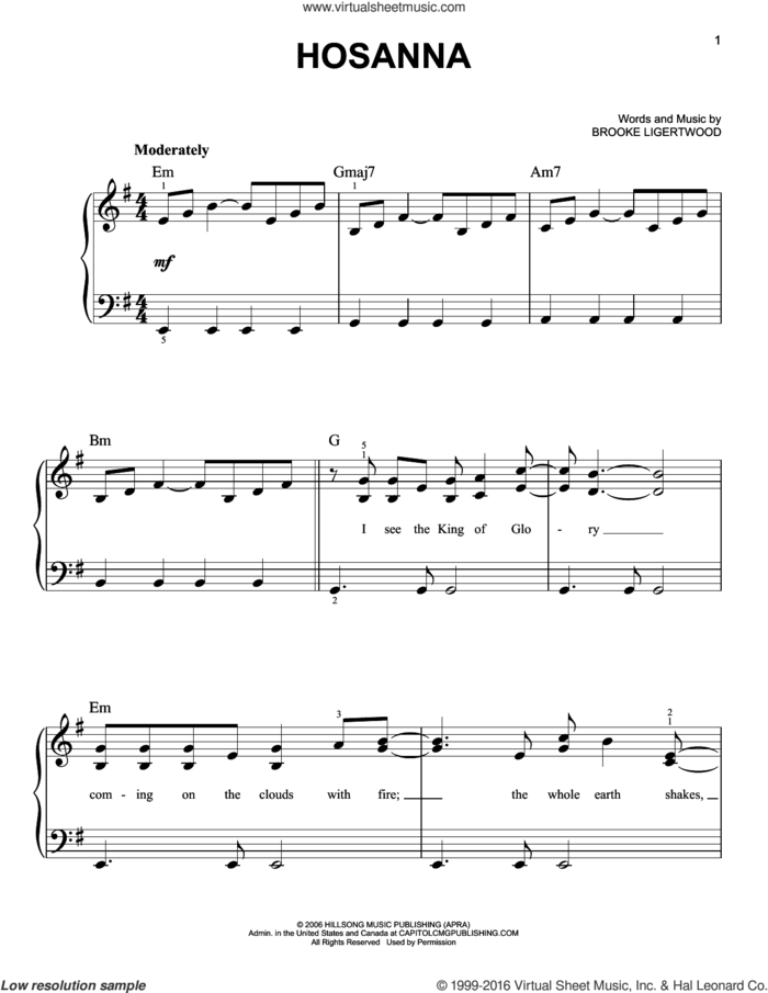 Hosanna, (easy) sheet music for piano solo by Hillsong United and Brooke Fraser, easy skill level