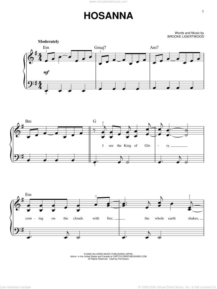 Hosanna, (easy) sheet music for piano solo by Hillsong United and Brooke Fraser, easy skill level