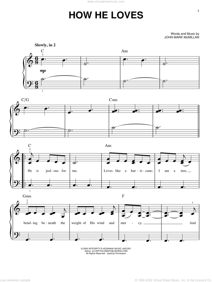 How He Loves, (easy) sheet music for piano solo by David Crowder Band and John Mark McMillan, easy skill level