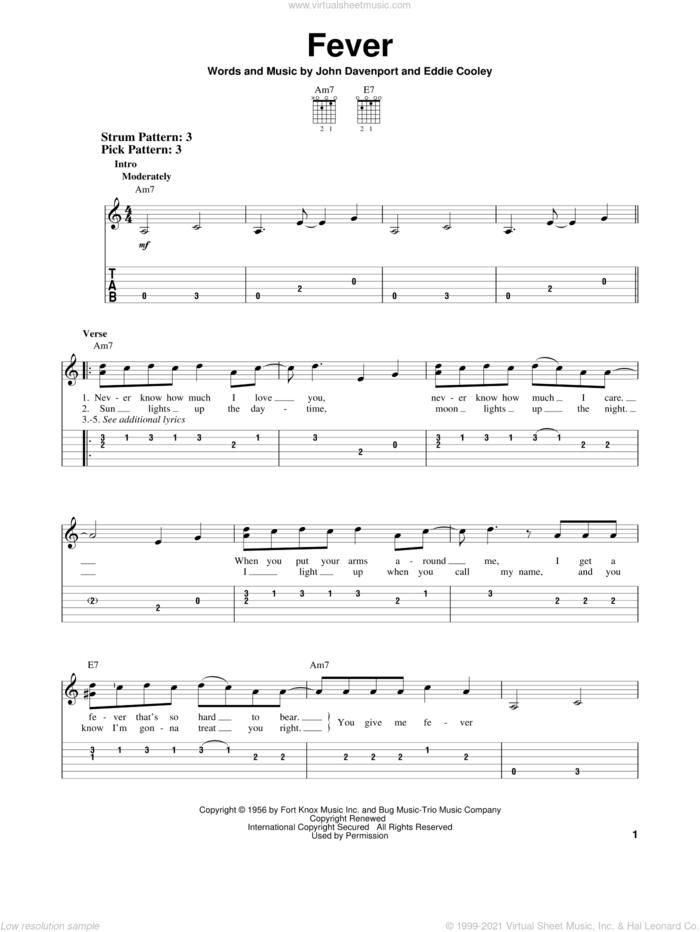 Fever sheet music for guitar solo (easy tablature) by Peggy Lee, Eddie Cooley and John Davenport, easy guitar (easy tablature)