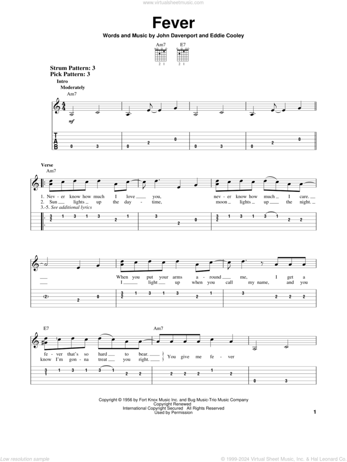 Fever sheet music for guitar solo (easy tablature) by Peggy Lee, Eddie Cooley and John Davenport, easy guitar (easy tablature)