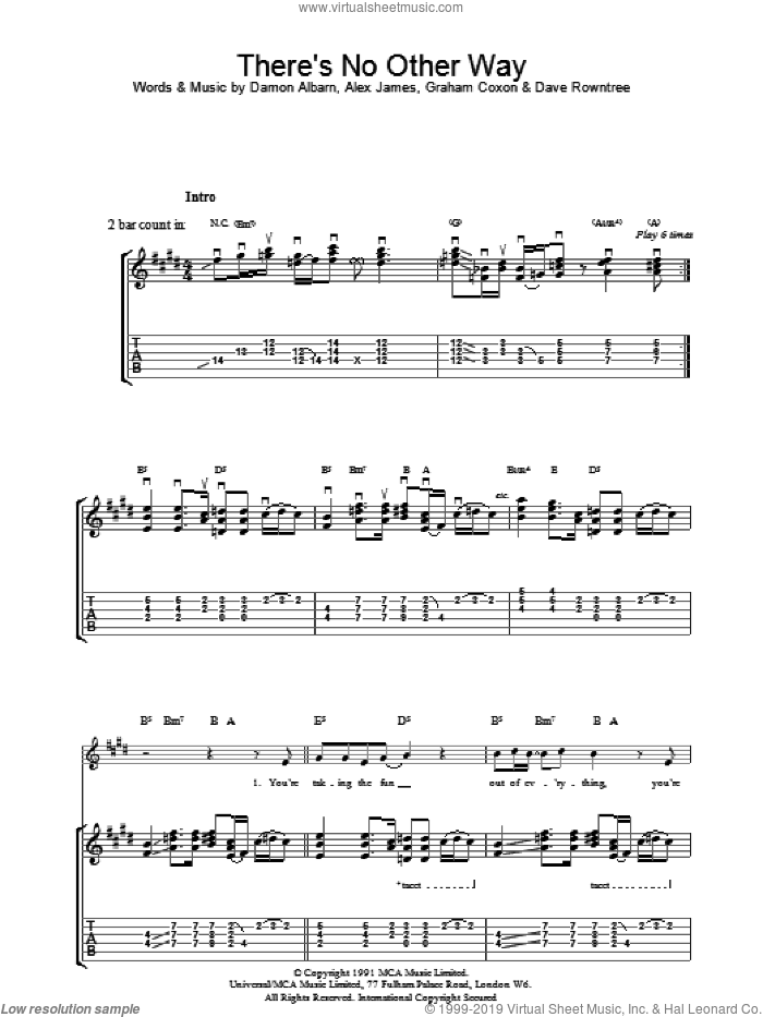 There's No Other Way sheet music for guitar (tablature) by Blur and Graham Coxon, intermediate skill level