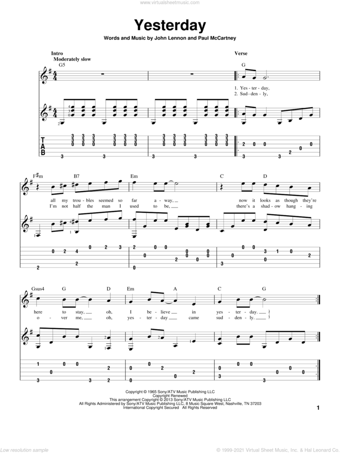 Yesterday, (intermediate) sheet music for guitar solo by The Beatles, John Lennon and Paul McCartney, intermediate skill level