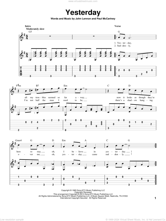 Yesterday, (intermediate) sheet music for guitar solo by The Beatles, John Lennon and Paul McCartney, intermediate skill level