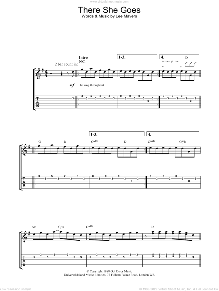 There She Goes sheet music for guitar (tablature) by The La's and Lee Mavers, intermediate skill level