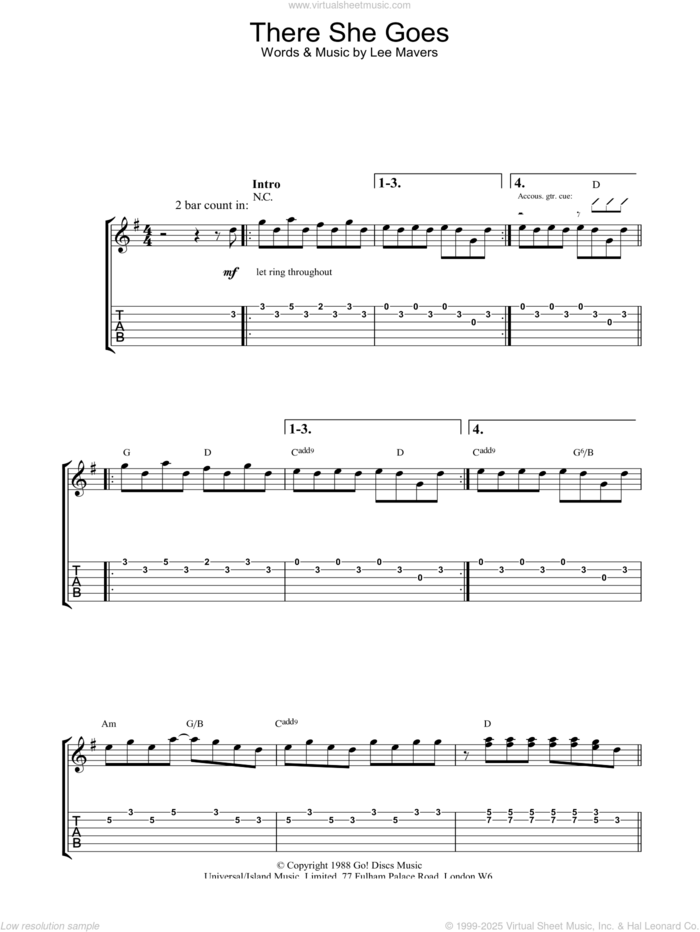 There She Goes sheet music for guitar (tablature) by The La's and Lee Mavers, intermediate skill level