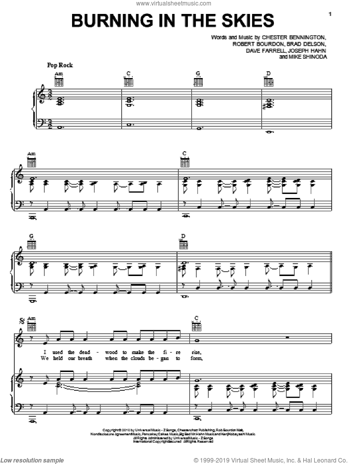 Burning In The Skies sheet music for voice, piano or guitar by Linkin Park, Brad Delson, Chester Bennington, Dave Farrell, Joseph Hahn, Mike Shinoda and Rob Bourdon, intermediate skill level