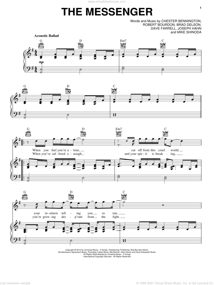 The Messenger sheet music for voice, piano or guitar by Linkin Park, Brad Delson, Chester Bennington, Dave Farrell, Joseph Hahn, Mike Shinoda and Rob Bourdon, intermediate skill level