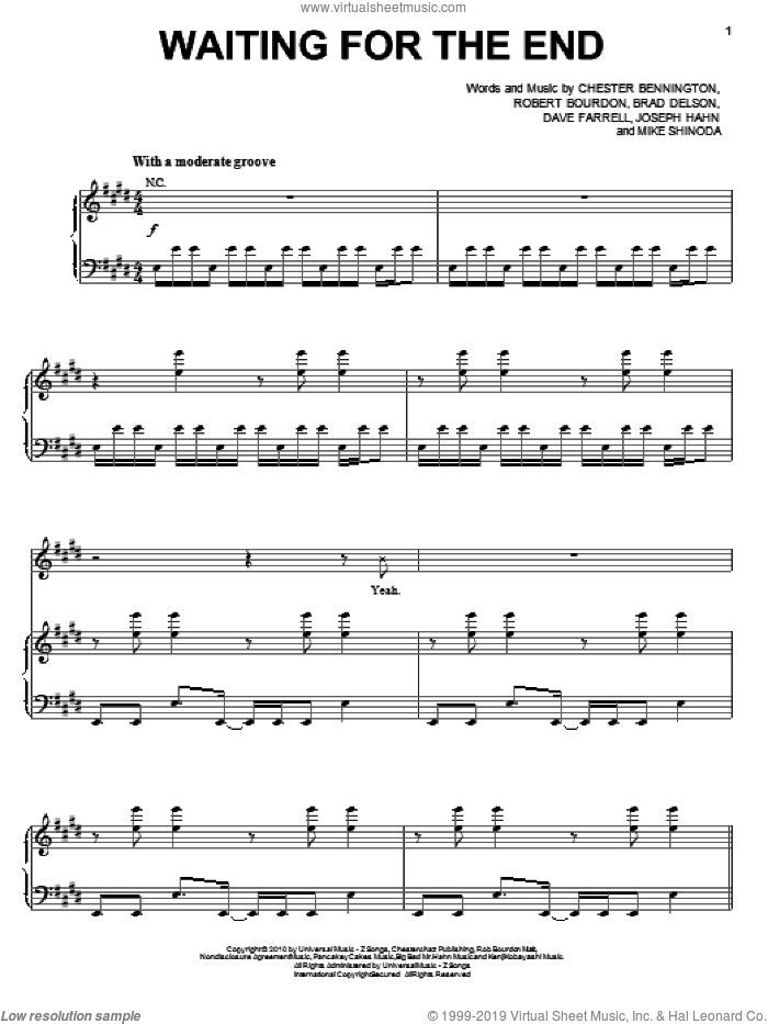 Waiting For The End sheet music for voice, piano or guitar by Linkin Park, Brad Delson, Chester Bennington, Dave Farrell, Joseph Hahn, Mike Shinoda and Rob Bourdon, intermediate skill level